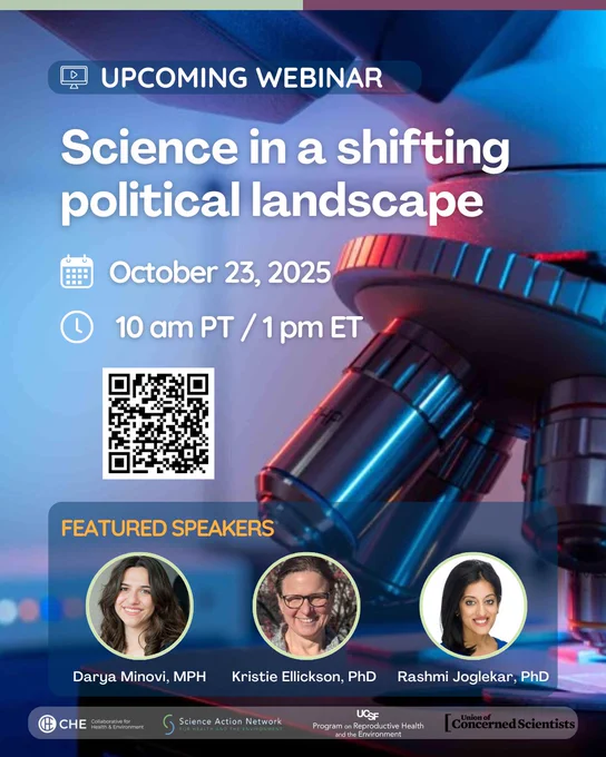 closeup of microscope on blue/purple gradient with headshots of featured speakers and QR code overlaid