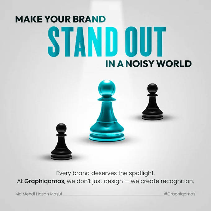 ☛ MAKE YOUR BRAND STAND OUT IN A NOISY WORLD

In today’s fast-paced digital world, every brand is fighting to be seen, heard, and remembered.
But only a few truly stand out — those that tell a story through powerful design, emotion, and identity.

At Graphiqomas, we believe design is more than just visuals.
It’s a language. A voice.
It’s how your audience feels when they see your brand.

We don’t just create designs —
✎ We create recognition, trust, and connection.

From crafting brand identities that speak volumes to designing social media visuals that capture attention instantly — our goal is simple:

To make your brand shine in a crowded market.

Because in a world full of noise, your brand deserves to be the one that people remember.
Your visuals should not just exist — they should inspire.
Your message should not just be seen — it should resonate.

Let’s build something together that tells your story boldly and beautifully.
