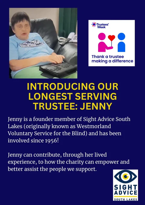 Introducing Jenny, our longest serving Trustee.  Jenny is pictured sat on a black sofa with a blue tshirt and green trousers on.  She is sat using her braille machine.

Jenny is a founder member of Sight Advice South Lakes (originally known as Westmorland Voluntary Service for the Blind) and has been involved since 1956! 

Jenny can contribute, through her lived experience, to how the charity can empower and better assist the people we support.