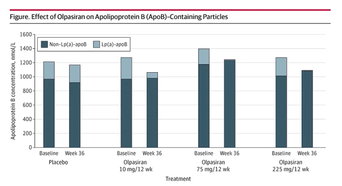 Bar graph titled 'Effect of Olpasiran on Apolipoprotein B'. It shows Non-Lp(a)-apoB and Lp(a)-apoB concentrations at baseline and week 36 for placebo and Olpasiran at 10mg/12 wk, 75mg/12 wk, and 225mg/12 wk.