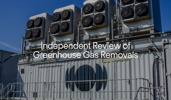 Direct air capture unit with text overlaid reading 'Independent Review of Greenhouse Gas Removals'. 