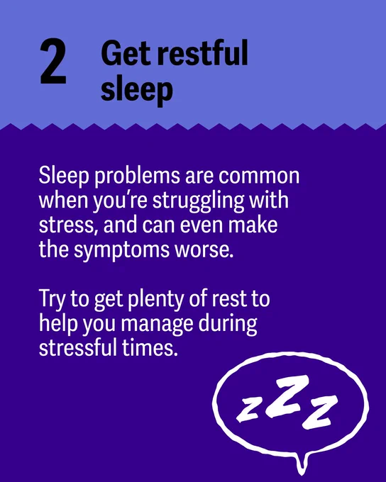 Alt text: Image with a blue and purple background. The large number "2" and the text "Get restful sleep" are at the top. Below, white text explains sleep problems are common with stress and can worsen symptoms. It advises getting plenty of rest to manage stress. A speech bubble containing "zzz" is on the lower right.