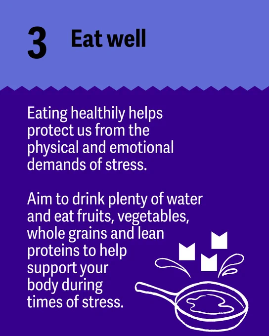 The image features text on a two-toned background. At the top, a blue section with the number "3" and the words "Eat well" in bold black letters. Below, a purple section contains text promoting healthy eating: "Eating healthily helps protect us from the physical and emotional demands of stress. Aim to drink plenty of water and eat fruits, vegetables, whole grains, and lean proteins to help support your body during times of stress." An illustration of a frying pan with arrows and water droplets is at the bottom right.