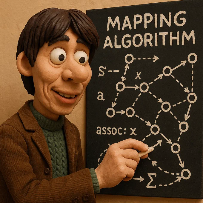 Claymation-style scientist pointing at a chalkboard labeled “Mapping Algorithm,” showing a web of circles and arrows. A playful take on explaining complex tech ideas.