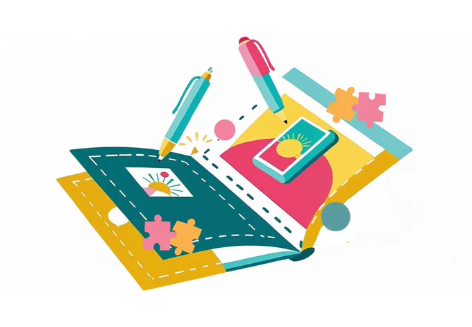 A booklet with icons jumping off the pages including: pens, dots and jigsaw pieces.