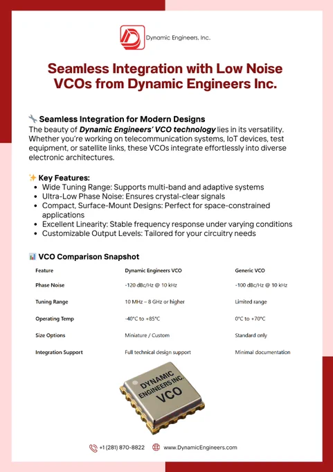 Infographic from Dynamic Engineers Inc. highlighting seamless integration with low noise VCOs. Lists key features like wide tuning range, ultra-low phase noise, compact design, and customizable outputs. Includes comparison chart between Dynamic Engineers VCO and generic VCO.