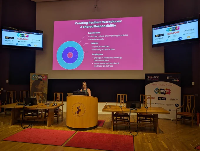 Sarah Noon during the presentation about stress and burnout