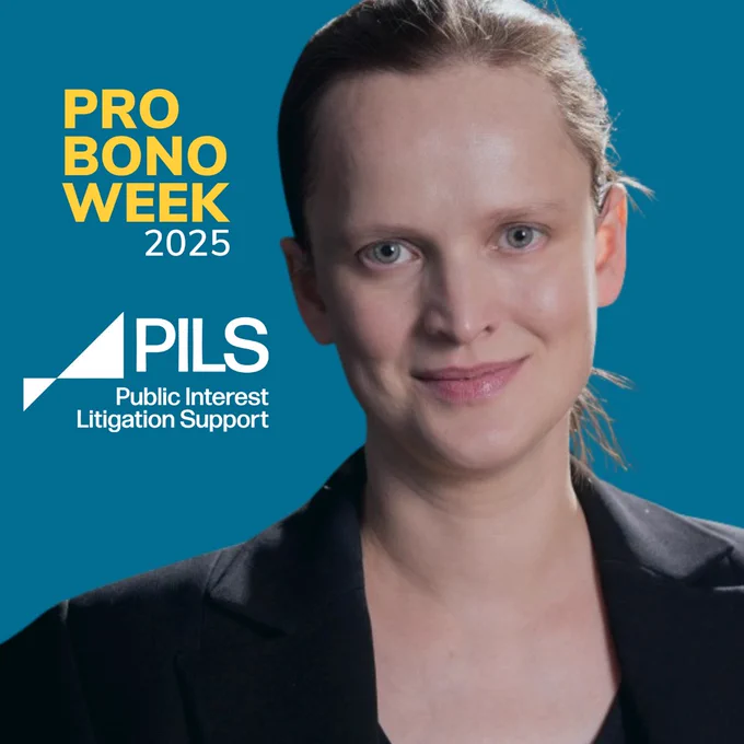 Leona is facing the camera, the PILS and PBW logos appear beside her headshot against a royal blue background. 