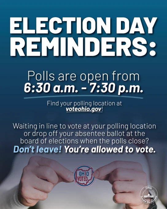 This is a blue graphic featuring an image of a person holding up an Ohio "I voted" sticker and text that reads, "Election Day reminders: Polls are open from 6:30 a.m. - 7:30 p.m. Find your polling location at voteohio.gov! Waiting in line to vote at your polling location or drop off your absentee ballot at the board of elections when the polls close? Don't leave! You're allowed to vote."