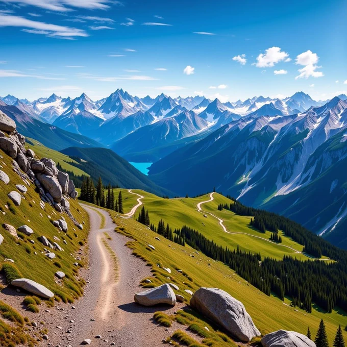 A winding dirt path through lush green hills leads to a turquoise lake, surrounded by snow-capped mountains under a clear blue sky.