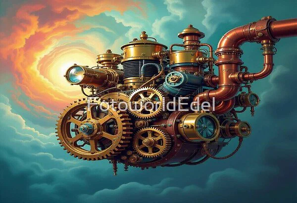 A fantastic Steampunk Flying Machine aus Brass & Copper, mit Zahnrädern, Pipes & Headlight, floating in misty Clouds vor einer glowing Light Source – a poetic Mix of Technik, Fantasy & Adventure.