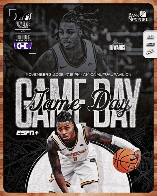Game Day Providence versus Holy Cross 7:15pm at Amica Mutual Pavilion, Shown on ESPN plus, Bank Newport Sponsorship, Jason Edwards in game action dribbling