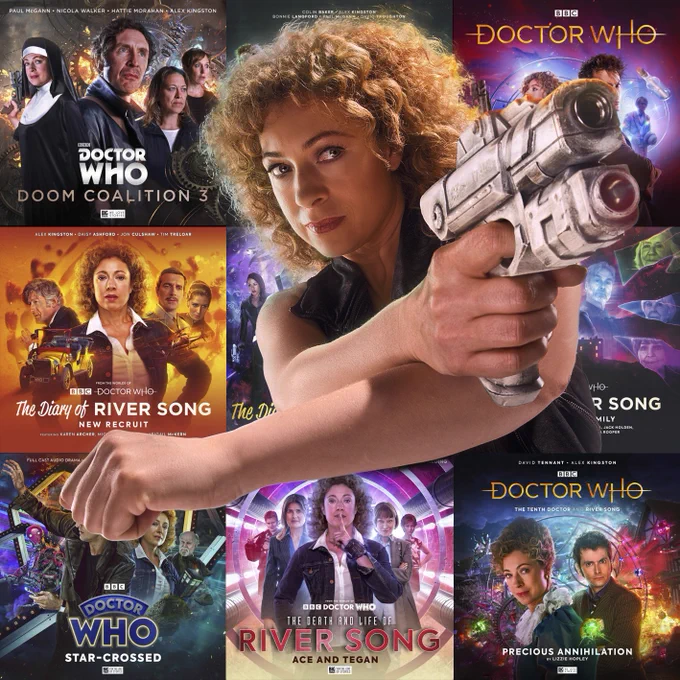 A collage of River Song cover artworks superimposed with an image of River Song herself holding a ray gun. 