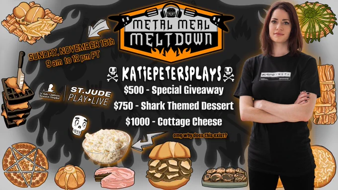 KatiePetersPlays stands before many rock and roll cartoon foods, with the schedule of her Metal Meal Meltdown shift (fundraising for St Jude) and some of her incentives: $500 to unlock a special giveaway, $750 to unlock a Shark Themed Dessert, and $1000 for her to eat cottage cheese (GROSS)