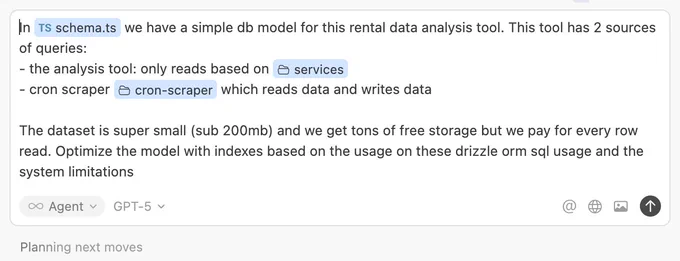 Cursor prompt screenshot: 
In @schema.ts we have a simple db model for this rental data analysis tool. This tool has 2 sources of queries:
- the analysis tool: only reads based on @services
- cron scraper @cron-scraper which reads data and writes data

The dataset is super small (sub 200mb) and we get tons of free storage but we pay for every row read. Optimize the model with indexes based on the usage on these drizzle orm sql usage and the system limitations