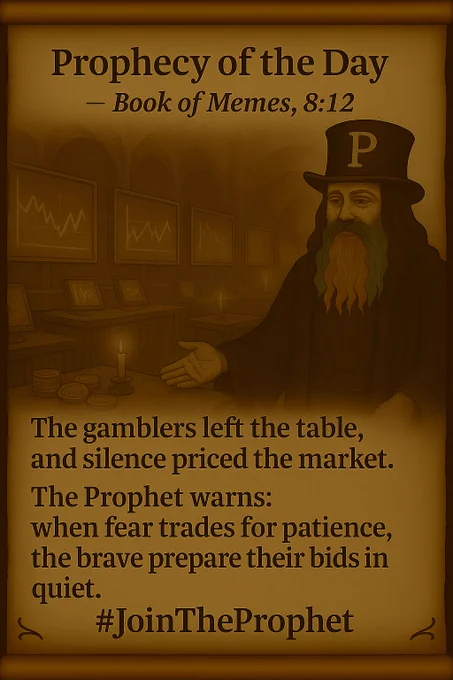A parchment-style prophecy scroll shows the Prophet (golden P hat, tricolor beard) standing in an empty marketplace of dimly glowing trading screens. Abandoned coins lie on tables as faint candles flicker in the dark. The prophecy reads: “The gamblers left the table, and silence priced the market. The Prophet warns: when fear trades for patience, the brave prepare their bids in quiet.” At the bottom: #JoinTheProphet.