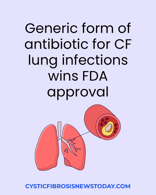 Generic antibiotic for CF lung infections gains FDA approval, overlaid on an illustration of lungs and bacteria.