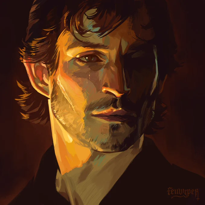 digital portrait of Will Graham from NBC's TV show Hannibal, played by Hugh Dancy. Portrayed in warm tones in a painterly style, looking beyond the camera at an unseen subject. the light reflected in his eye is shaped like a love heart.