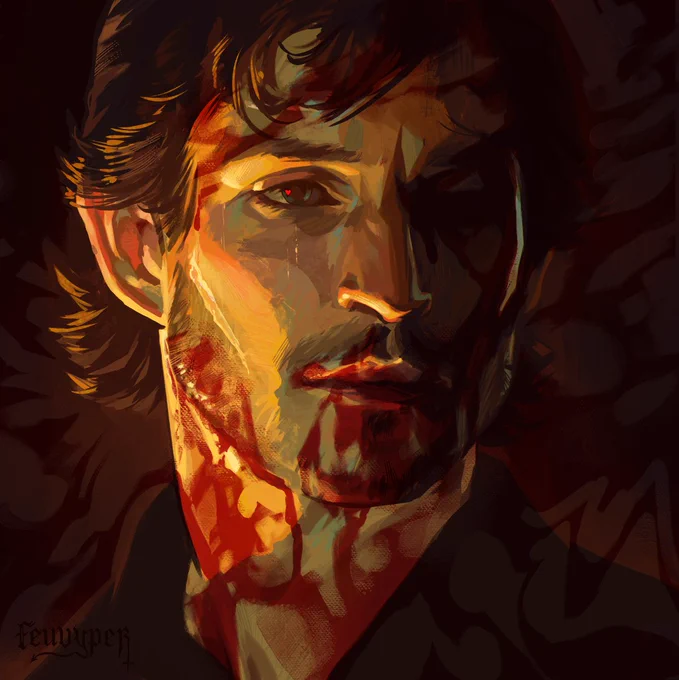 the same portrait, but Will's face is covered in blood and a dark red aura is coming off of him in ominous surrealist waves. the love heart shaped light in his eyes has turned red.