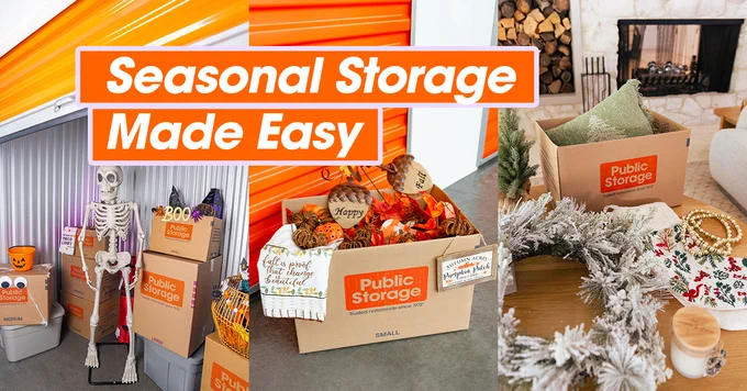 Image showing various storage solutions by Public Storage for different seasons, including boxes with Halloween, Thanksgiving, and winter holiday decorations.