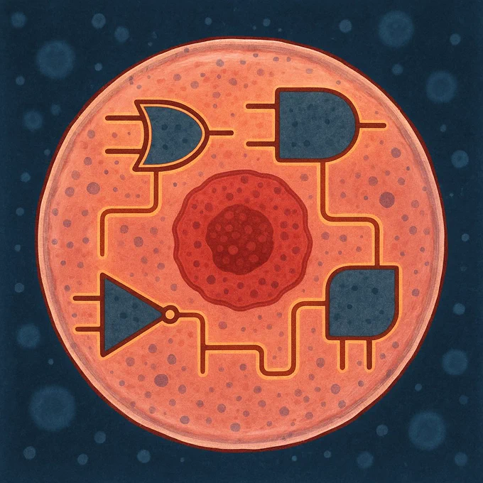 stylised image of cell containing logic gate symbols
