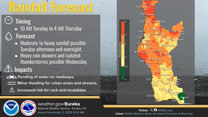 A more significant system arrives late Tuesday and continues through Wednesday. Periods of moderate to heavy to moderate rain are likely across the area. Minor urban and small stream flooding, ponding on roads, debris on roads, and rockslides are possible.