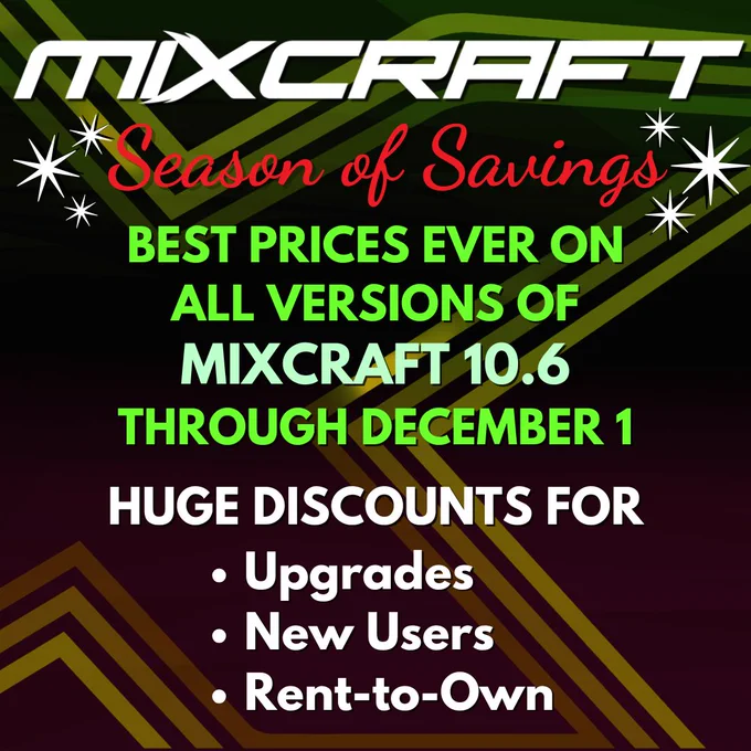 Black Friday is approaching quickly, but you can get up to 50% savings *now* during the Mixcraft Season of Savings Sale, now through December 1st. There's something for everyone this year! https://acoustica.com/news/mixcraft-season-of-savings-2025

#daw #mixcraft #mixcraft10 #blackfriday #musicproducer #musician #windowsmusician