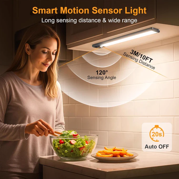 About this item
Upgraded Premium Functionality: Built-in 84 super bright LEDs, the Gritin under cabinet light is crafted with aluminum alloy and durable ABS plastic for ultimate strength and style. Setting the under cabinet lights on motion sensor mode, it features a 120° wide sensing angle and a 3M/10FT detection distance, automatically turning off after 20 seconds of no motion detected, ensuring you never fumble for switches.

Adjustable 3-Color Temperature & 5-Brightness: Equipped with 3 color temperatures: warm (3000K) for cozy spaces, cool (6000K) for task lighting, and balanced mixed (4500K) for versatile use, it can be easily adjusted to different needs by One-touch (temperature button) and creates a sense of atmosphere. Setting the brightness levels from 10%, 25%,50%, 75%, to 100%, or A long press activates stepless dimming, meets different lighting needs
 See more https://amzn.to/48ZZzA3