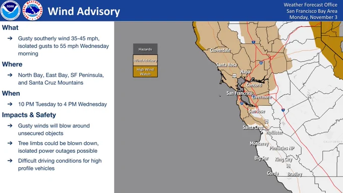 A Wind Advisory has been issued for the North Bay, East Bay, San Francisco Peninsula, and the Santa Cruz Mountains from 10 PM Tuesday to 4 PM Wednesday for gusty southerly winds of 35 to 45 miles per hour with isolated gusts of 55 miles per hour on Wednesday morning. Impacts include gusty winds blowing unsecured objects around, tree limbs blown down causing isolated power outages, and difficult driving conditions for high profile vehicles.