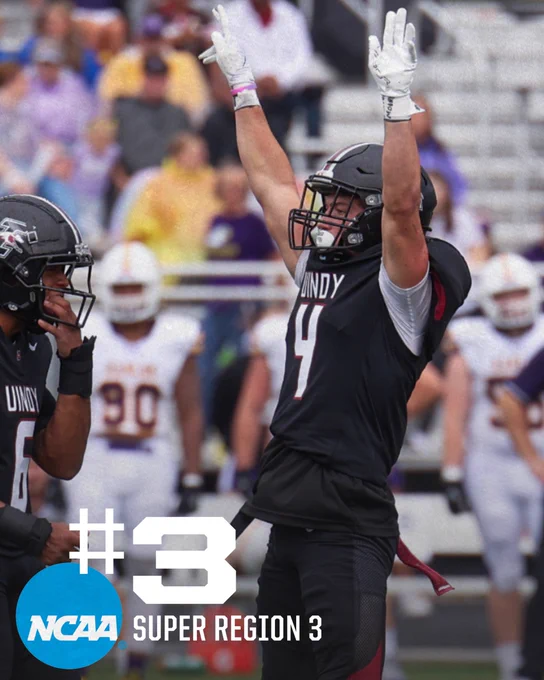 A graphic promoting UIndy football's number three positions in the latest NCAA Division II Super Region 3 rankings. The featured picture shows safety Eli Liapis with both hands raised in celebration.