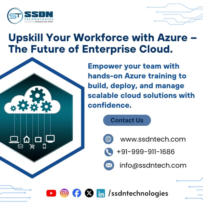 Upskill Your Workforce with Azure – The Future of Enterprise Cloud ☁️
 
In today’s fast-evolving digital landscape, cloud expertise is no longer optional — it’s essential. Businesses that invest in developing their team’s cloud capabilities stay ahead in innovation, agility, and efficiency.
 
That’s where SSDN Technologies steps in with its specialized corporate training program on Microsoft Azure. Our expert-led sessions are designed to help enterprises build a cloud-ready workforce capable of designing, deploying, and managing scalable Azure solutions with confidence.
 
From mastering cloud infrastructure to enhancing security and optimizing costs, this program empowers your team to deliver tangible results that drive business growth. Whether you’re transitioning to the cloud or expanding your existing setup, Azure training with SSDN Technologies ensures your employees are ready for the challenges of tomorrow.