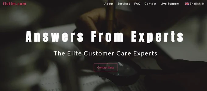 Fistim.com homepage with slogan "Answers From Experts" and "The Elite Customer Care Experts" above a blurred workspace background.