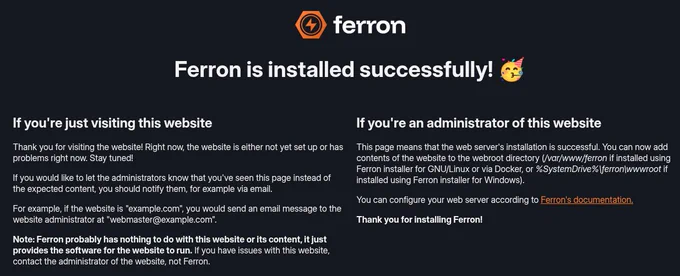 A "Ferron is installed successfully!" page.
