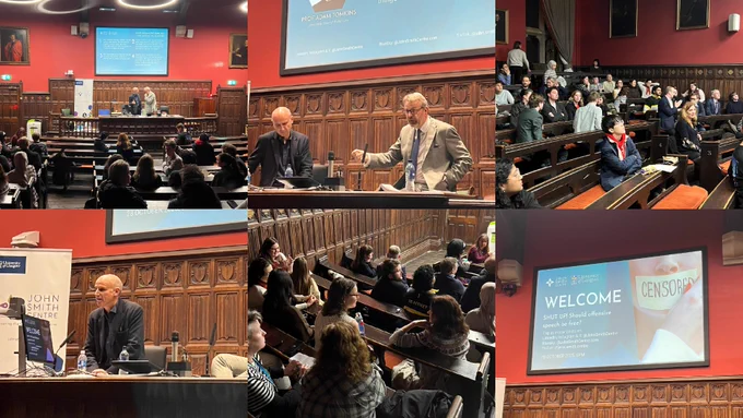 A collage of photos of the "SHUT UP! Should offensive speech be free?" event: some are of John Smith Centre Director Eddie Barnes and Professor Adam Tomkins speaking at the front of the room, and some are of the audience watching them.