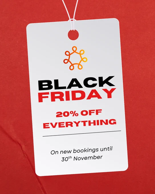a white price tag in front of a red background with text saying: 'black friday, 20% off everything. on new bookings until 30th November." 