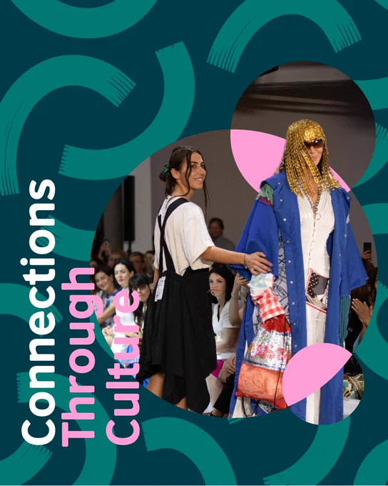 Fashion models walk the runway showcasing eclectic, layered outfits blending traditional and modern styles at a cultural fashion event.