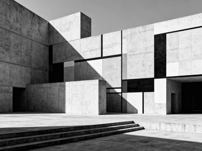 A minimalist concrete structure with geometric patterns and sharp shadows, featuring stairs leading to an open area. Black and white tones prevail.