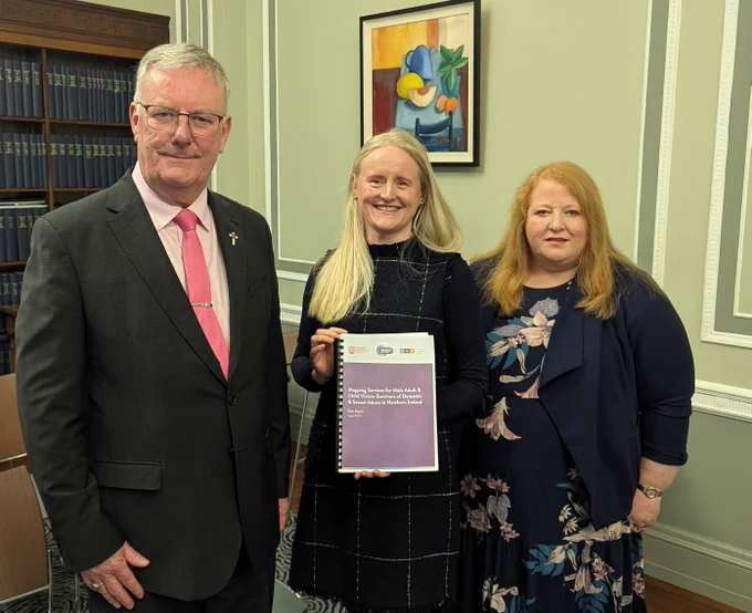 Health Minister Mike Nesbitt (L) Commissioner for Victims of Crime Geri Hanna & Justice Minister Naomi Long pictured.