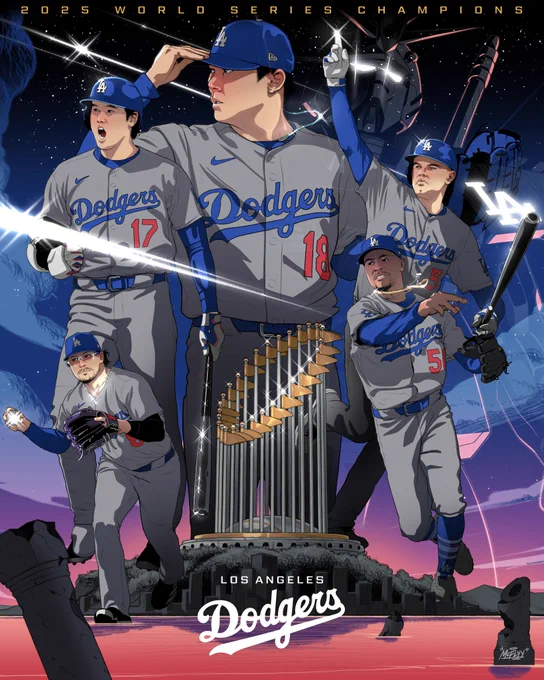 An illustrated graphic of Shohei Ohtani, Yoshinobu Yamamoto, Freddie Freeman, Kiké Hernández, Mookie Betts and the World Series trophy. There is an outline of a robot in the background with the "LA" logo on it. The words "2025 World Series Champions" appear in gold letters atop the graphic.