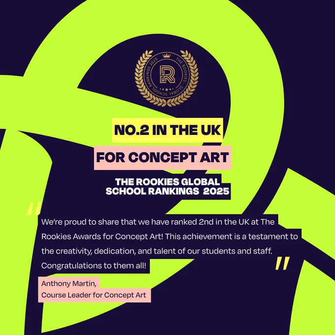 No.2 in the UK for Concept Art in The Rookies Global School Rankings 2025. Features a quote from Anthony Martin, Course Leader for Concept Art.