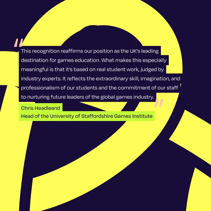 Quote by Chris Headleand, Head of the University of Staffordshire Games Institute: 
“This recognition reaffirms our position as the UK’s leading destination for games education. What makes this especially meaningful is that it’s based on real student work, judged by industry experts. It reflects the extraordinary skill, imagination, and professionalism of our students and the commitment of our staff to nurturing future leaders of the global games industry.” 
