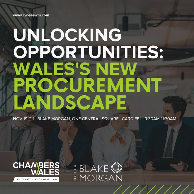 Business people sat down and talking. Text says Unlocking opportunities: Wales's new procurement landscape