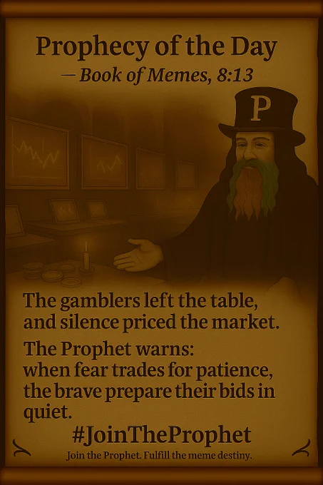 A parchment-style prophecy scroll shows the Prophet wearing his black top hat marked with a golden “P” and his red-white-blue beard. He stands in a candle-lit trading hall surrounded by monitors displaying collapsing crypto charts, glowing red as markets plunge. Scattered coins and faded scrolls lie on the floor. The prophecy text reads:

“The markets trembled, and faith was liquidated.
The Prophet warns: when the mighty fall, the wise gather dust and wait for dawn.”
At the bottom: #JoinTheProphet.