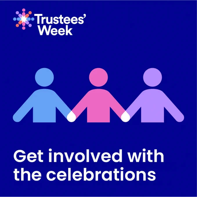 Colourful graphic of three stylised figures holding hands under the text 'Trustees' Week'. Text at bottom of image says 'Get involved with the celebrations'.