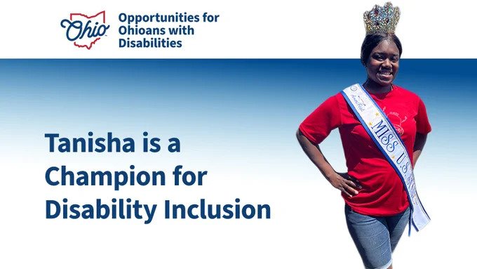 Tanisha Carlgren. Text, "Tanisha is a Champion for Disability Inclusion." OOD logo.