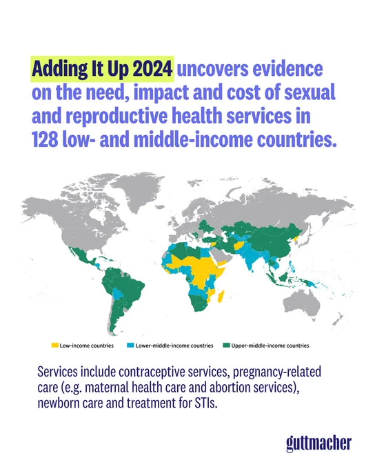 Text on a white background reads: "Adding It Up 2024 uncovers evidence on the need, impact and cost of sexual and reproductive health services in 128 low- and middle-income countries." In the middle of the graphic is a map with LMICs indicated.