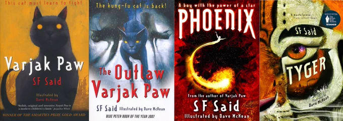 Covers of Varjak Paw, The Outlaw Varjak Paw, Phoenix and Tyger - all books by SF Said, illustrated by Dave McKean