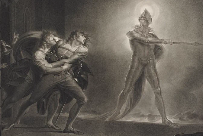 Black and white print depicting Hamlet, Act 1, Scene 4. Hamlet, Horatio, Marcellus and the Ghost on the platform before the Palace of Elsinore.  