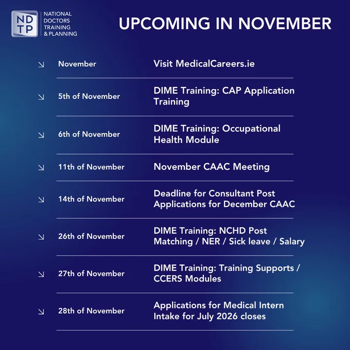 UPCOMING IN November
November
Visit MedicalCareers.ie
5th of November
DIME Training: CAP Application Training
6th of November
DIME Training: Occupational Health Module
11th of November
November CAAC Meeting
14th of November
Deadline for Consultant Post Applications for December CAAC
26th of November
DIME Training: NCHD Post Matching / NER / Sick leave / Salary
27th of November
DIME Training: Training Supports / CCERS Modules 
28th of November
Applications for Medical Intern Intake for July 2026 closes
