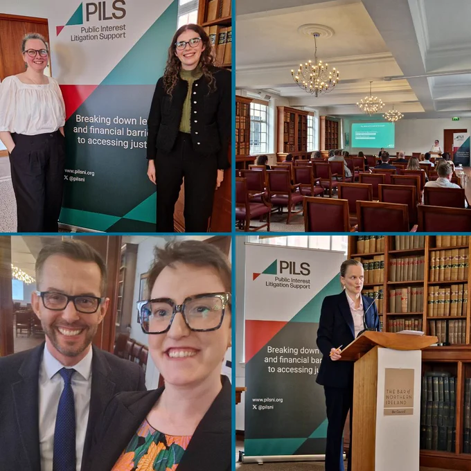 A collage of photos from the event: Kate and Katherine smiling in front of the PILS pop-up sign, a shot from the back of the room, Emma and Toby smile at the camera, and Leona at the podium.